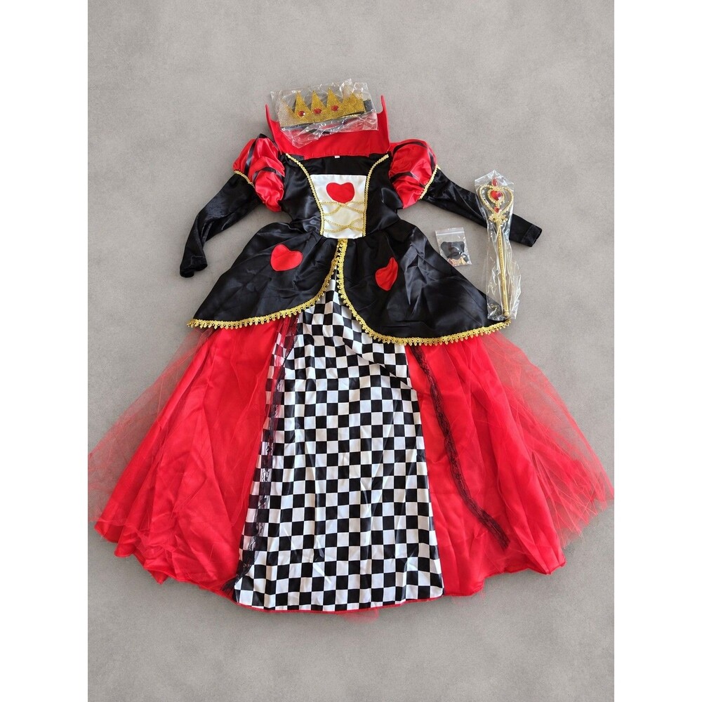 Girls Queen of Hearts Deluxe Halloween Costume Dress Crown Wand Size 120 5 6 6x
